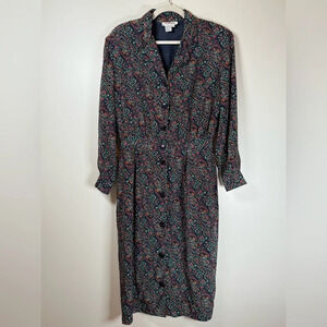 Vintage Talbots Shirt Dress 100% Silk Navy Green Floral Pattern Women’s Size 14